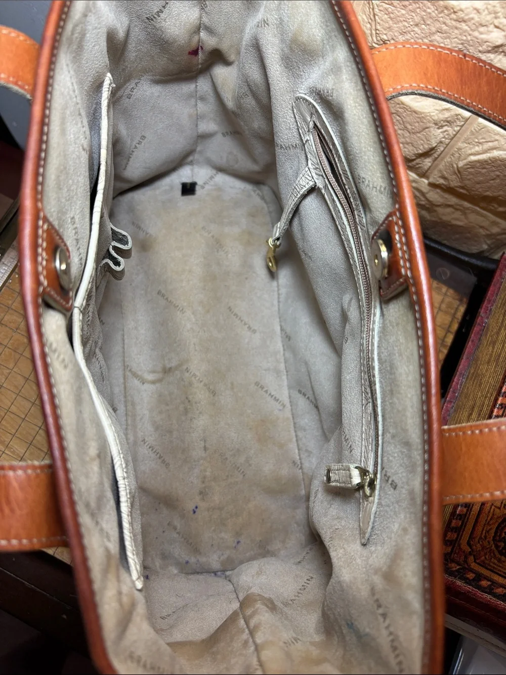 Brahmin Leather-Trim Beige & Brown Tote Bag w Copa Cabana Woody Car Palm Trees